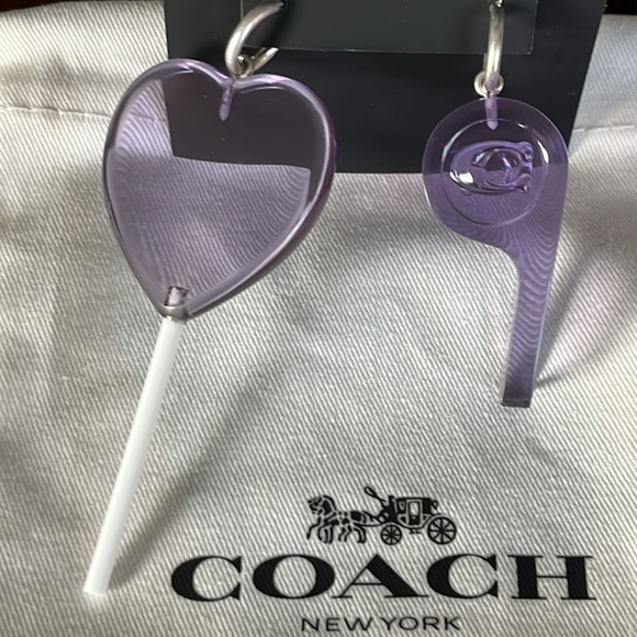 Coach Heart Lollipop And Whistle Mismatch Earrings Purple NWT - Picture 5 of 7